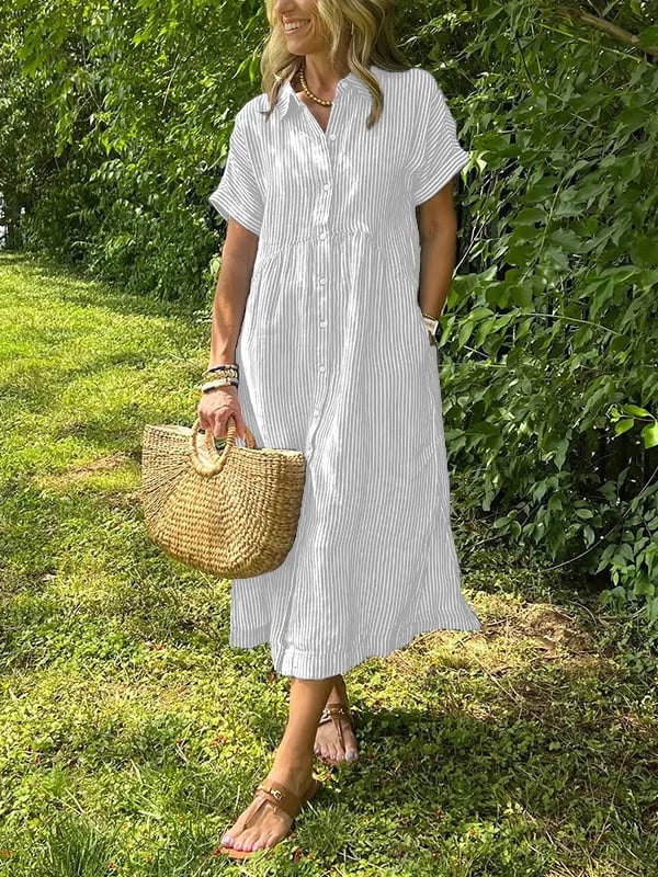 Women's Striped Midi Shirt Dress Button-Front and Short Sleeves