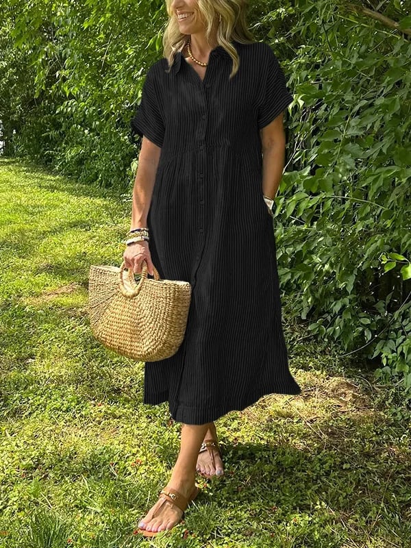 Women's Striped Midi Shirt Dress Button-Front and Short Sleeves