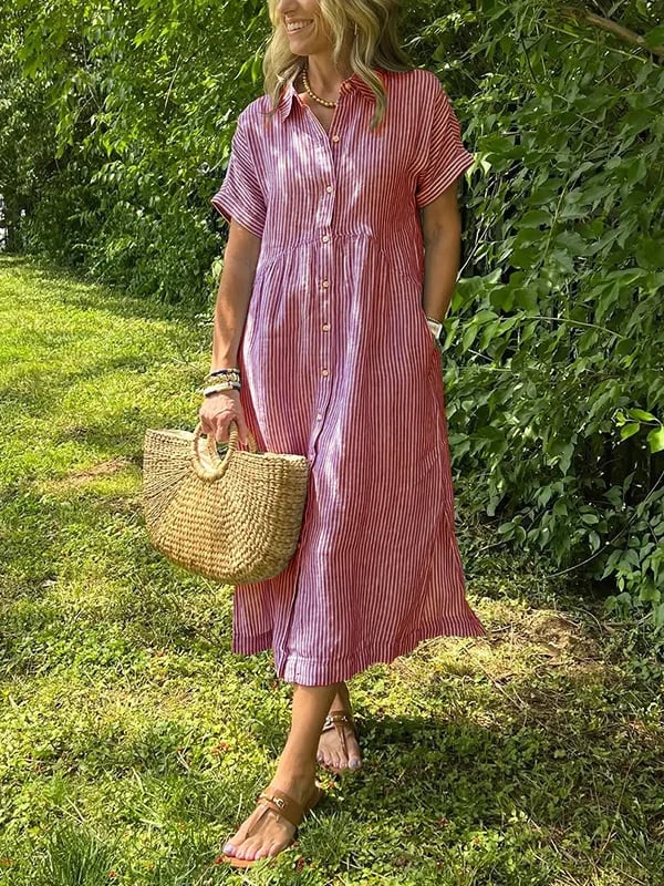 Women's Striped Midi Shirt Dress Button-Front and Short Sleeves