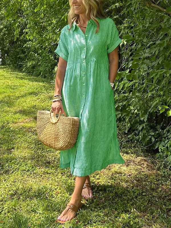 Women's Striped Midi Shirt Dress Button-Front and Short Sleeves