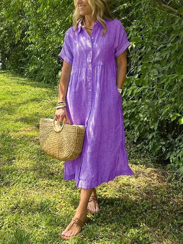 Women's Striped Midi Shirt Dress Button-Front and Short Sleeves
