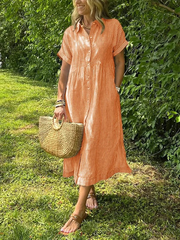 Women's Striped Midi Shirt Dress Button-Front and Short Sleeves