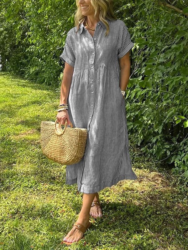 Women's Striped Midi Shirt Dress Button-Front and Short Sleeves