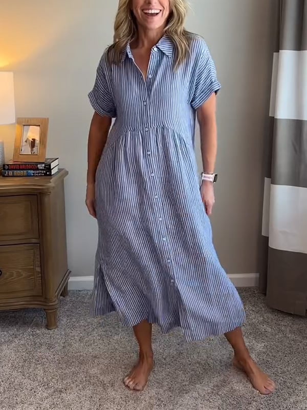 Women's Striped Midi Shirt Dress Button-Front and Short Sleeves