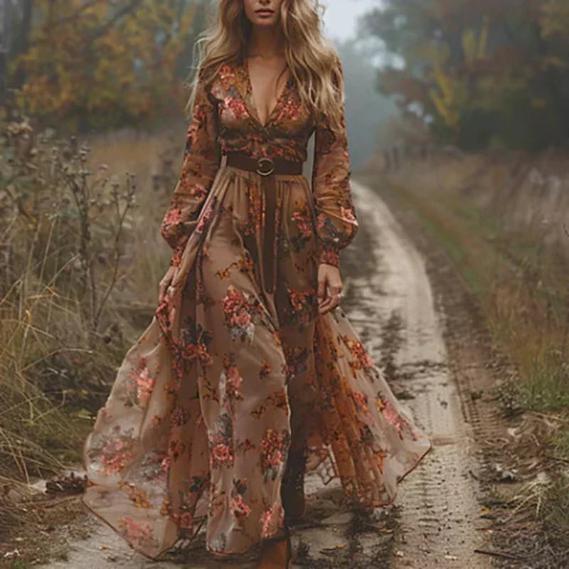 Women's Summer Boho Ruffled Maxi Dress Embroidery and Split V-Neckline