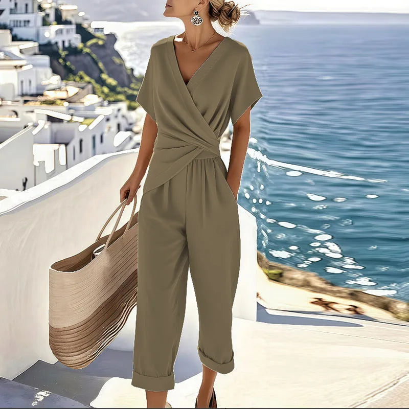 Women's Two-Piece Set Wrap-Front Bodice and Wide-Leg Trousers