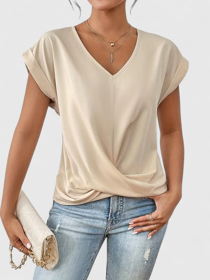Women's V-Neck Blouse Twist Front and Rolled Sleeves