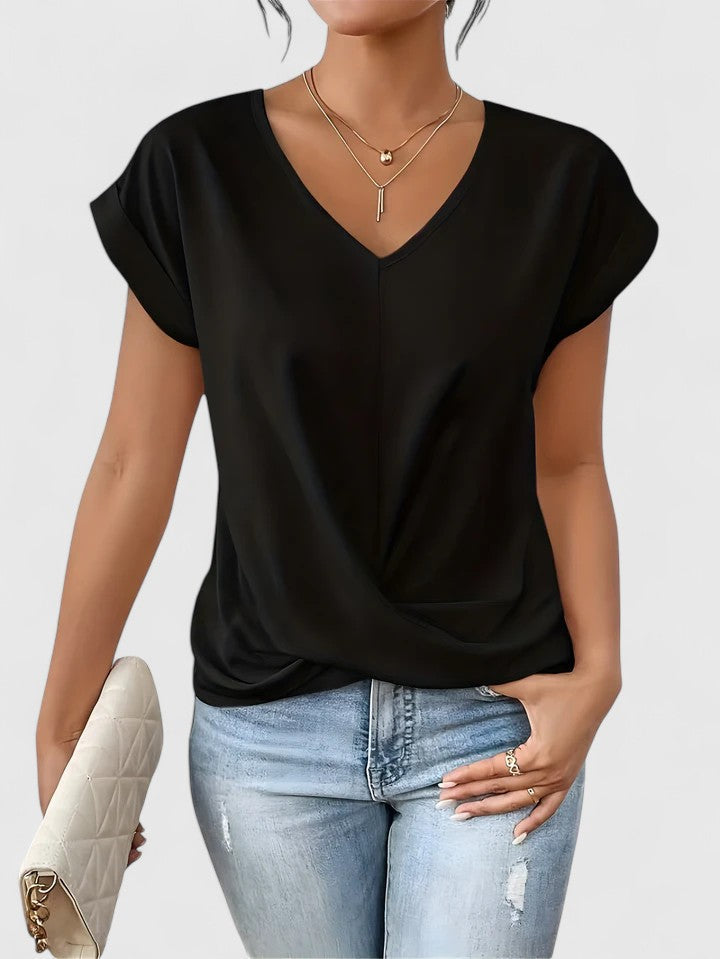 Women's V-Neck Blouse Twist Front and Rolled Sleeves