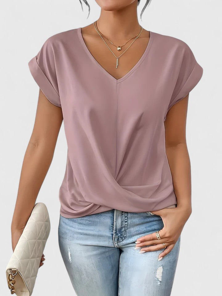 Women's V-Neck Blouse Twist Front and Rolled Sleeves