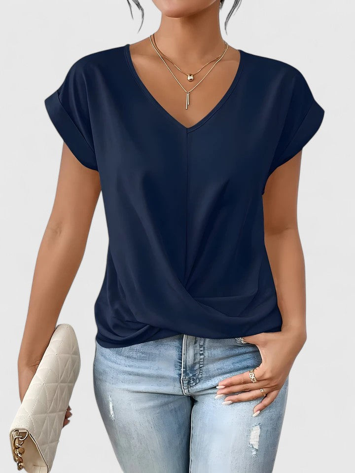 Women's V-Neck Blouse Twist Front and Rolled Sleeves
