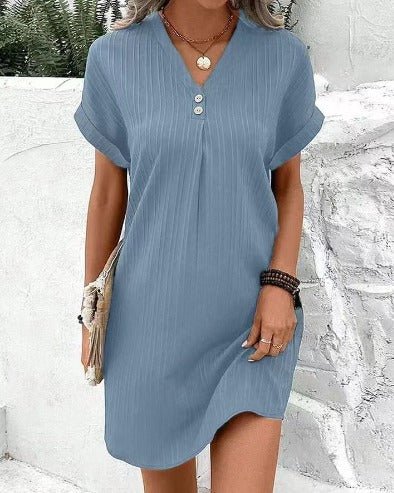 Women's V-Neck Mini Dress Button Detail and Rolled Sleeves