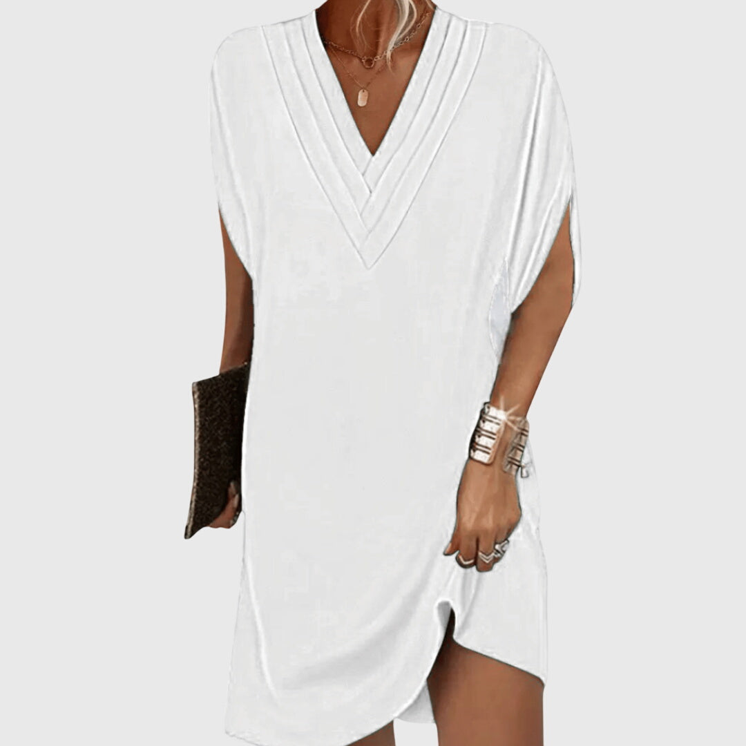 Women's V-Neck Shift Mini Dress Short Sleeve Summer Tunic