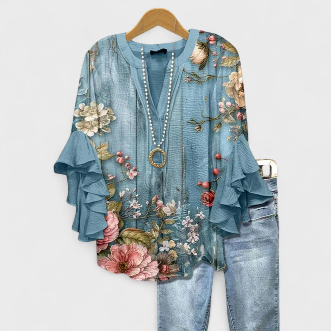Women's V-Neck Top with Tiered Ruffle Sleeves and Printed Pattern Detail
