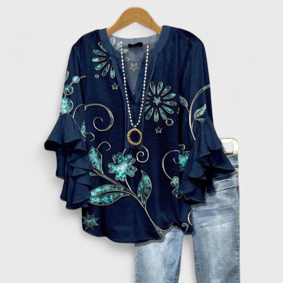 Women's V-Neck Top with Tiered Ruffle Sleeves and Printed Pattern Detail
