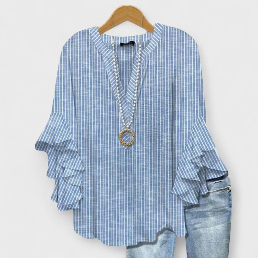Women's V-Neck Top with Tiered Ruffle Sleeves and Printed Pattern Detail