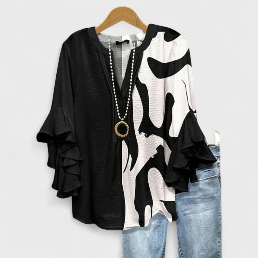 Women's V-Neck Top with Tiered Ruffle Sleeves and Printed Pattern Detail