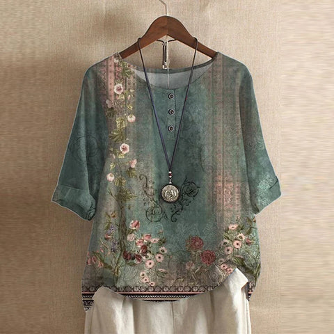 Women's Vintage Blouse Distinct Graphic Motifs and Three-Button Detail