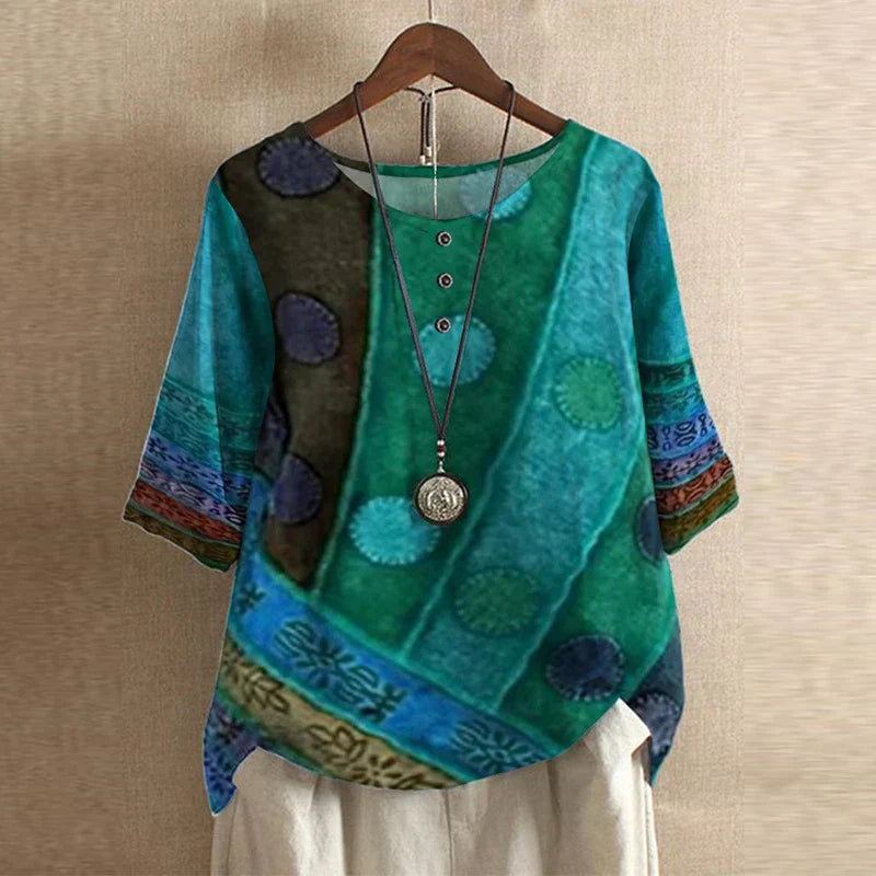 Women's Vintage Blouse Distinct Graphic Motifs and Three-Button Detail