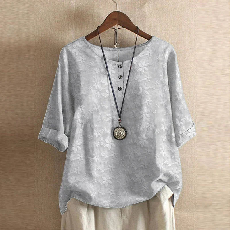 Women's Vintage Blouse Distinct Graphic Motifs and Three-Button Detail