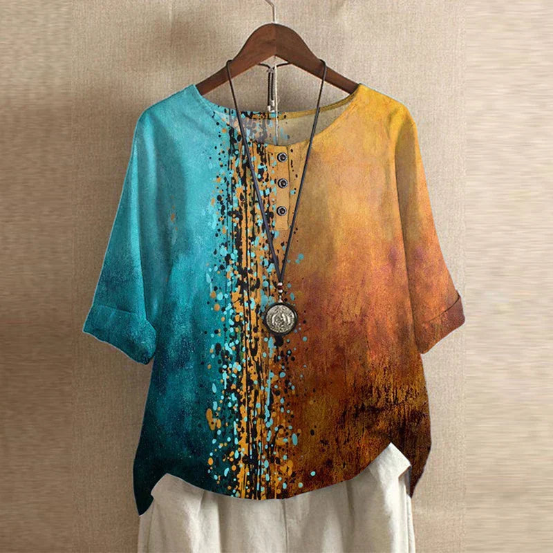 Women's Vintage Blouse Distinct Graphic Motifs and Three-Button Detail