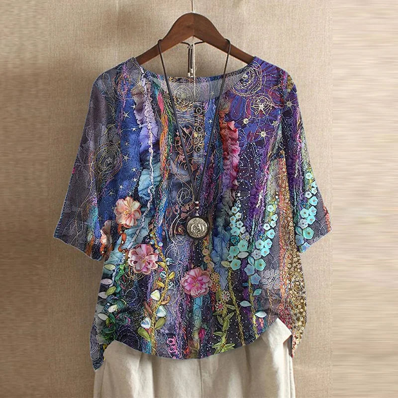 Women's Vintage Blouse Distinct Graphic Motifs and Three-Button Detail