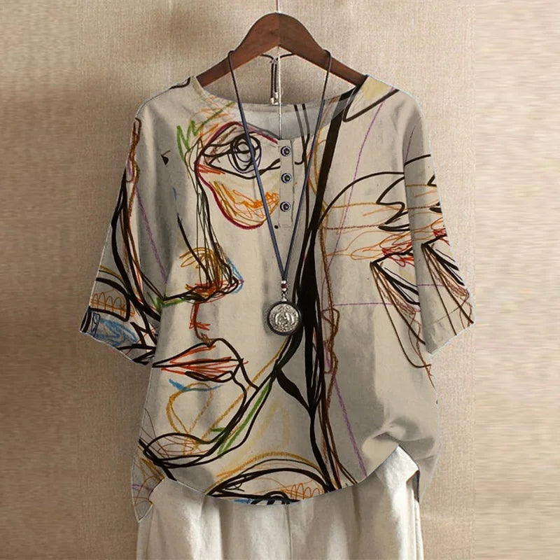 Women's Vintage Blouse Distinct Graphic Motifs and Three-Button Detail