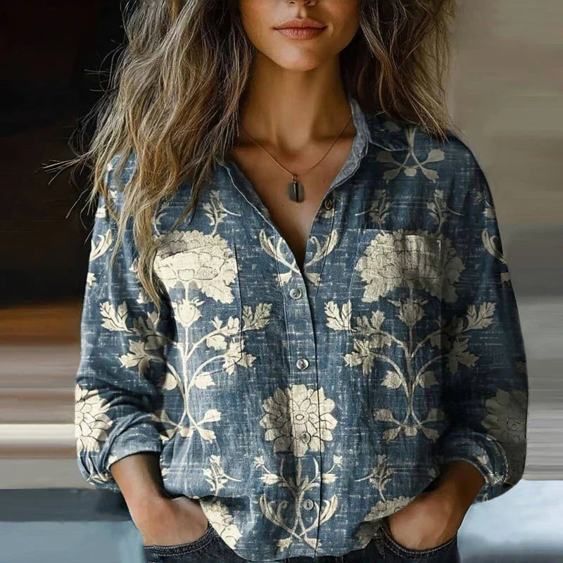 Women's Vintage Blouse Distinctive Graphic Motifs and Front Button Detail