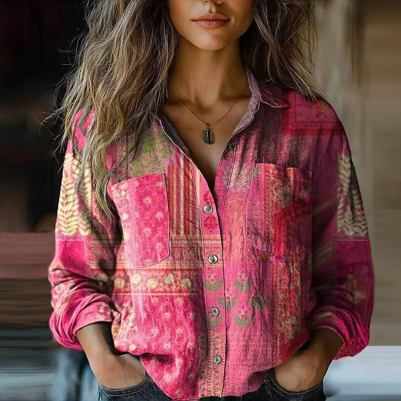 Women's Vintage Blouse Distinctive Graphic Motifs and Front Button Detail