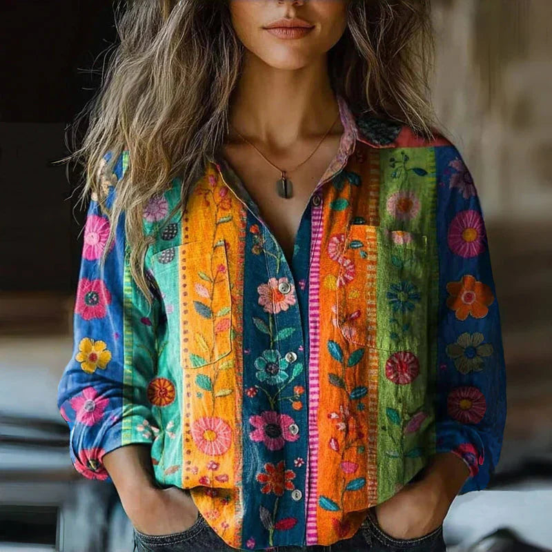 Women's Vintage Blouse Distinctive Graphic Motifs and Front Button Detail