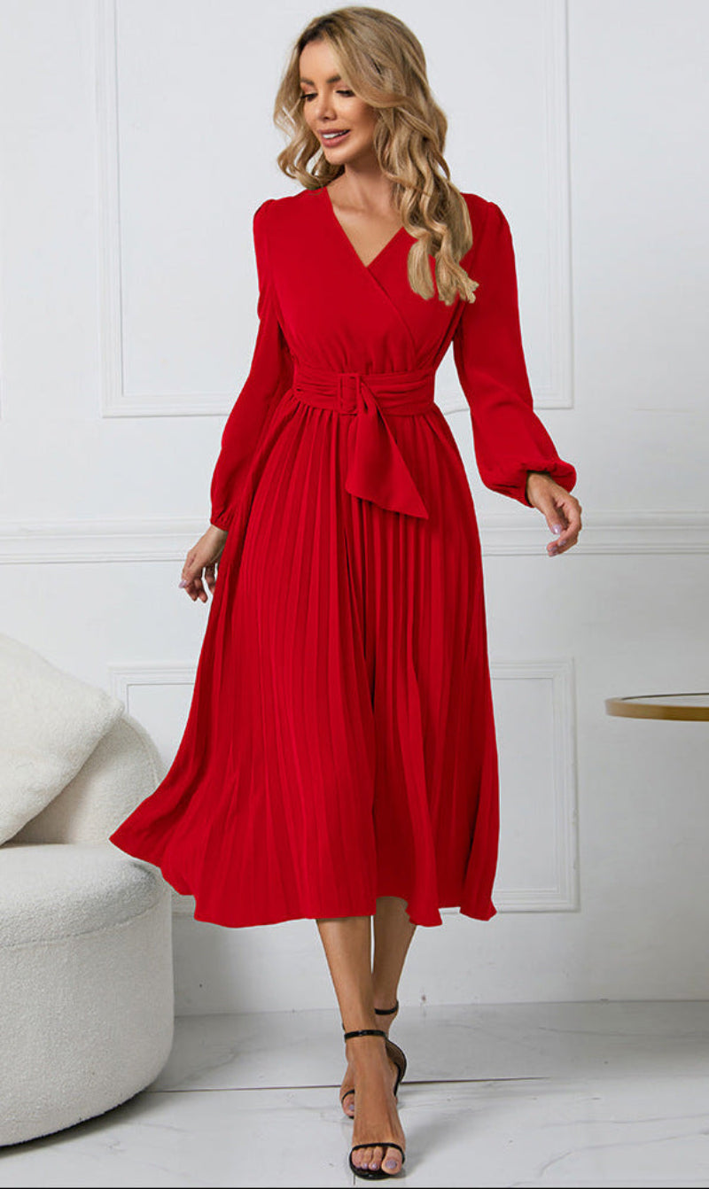 Women's Wedding Guest Midi Dress Belted Waist and Pleated Skirt