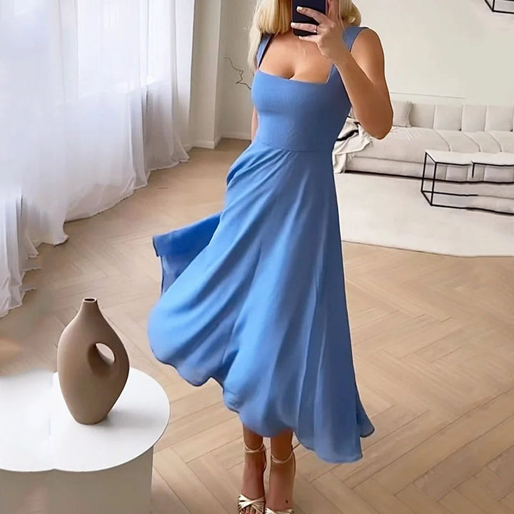 Women's Wedding Guest Midi Dress Square Neck and Sleeveless