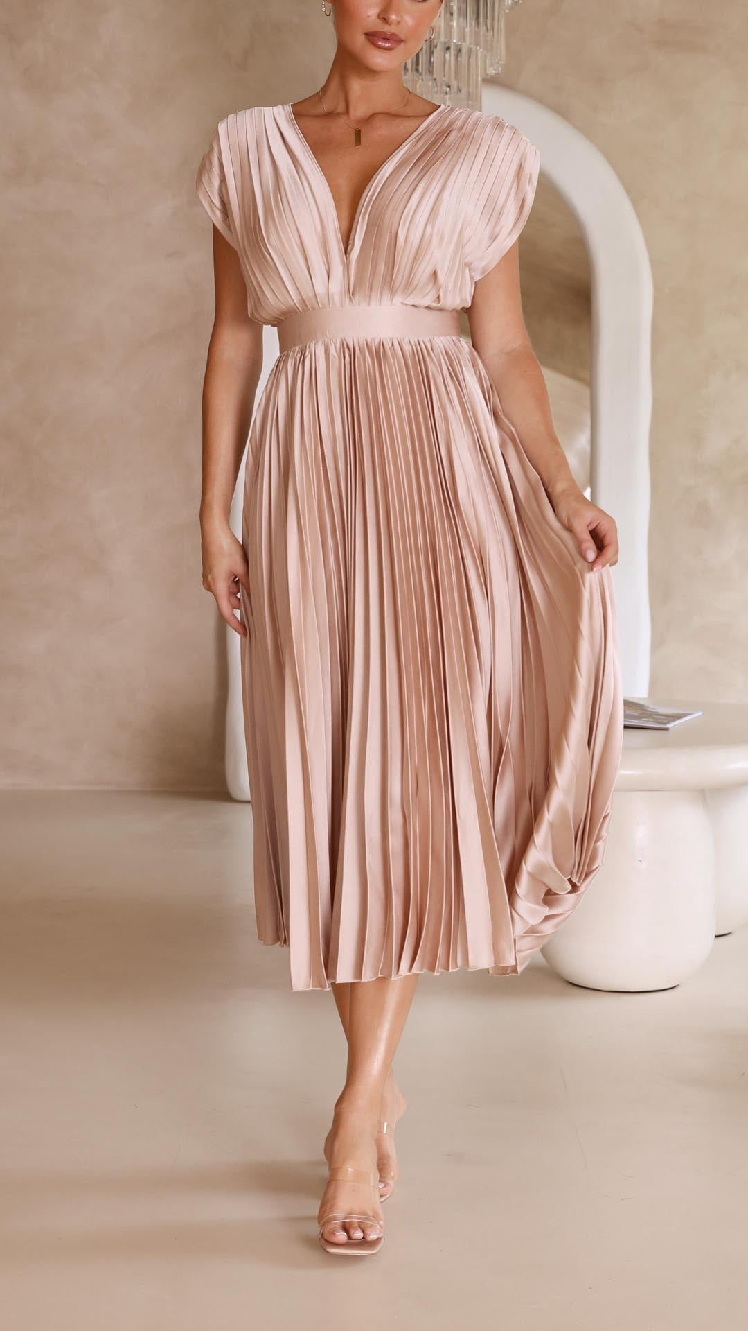 Women's Wedding Guest Midi Dress V-Neck Cap Sleeve Pleated