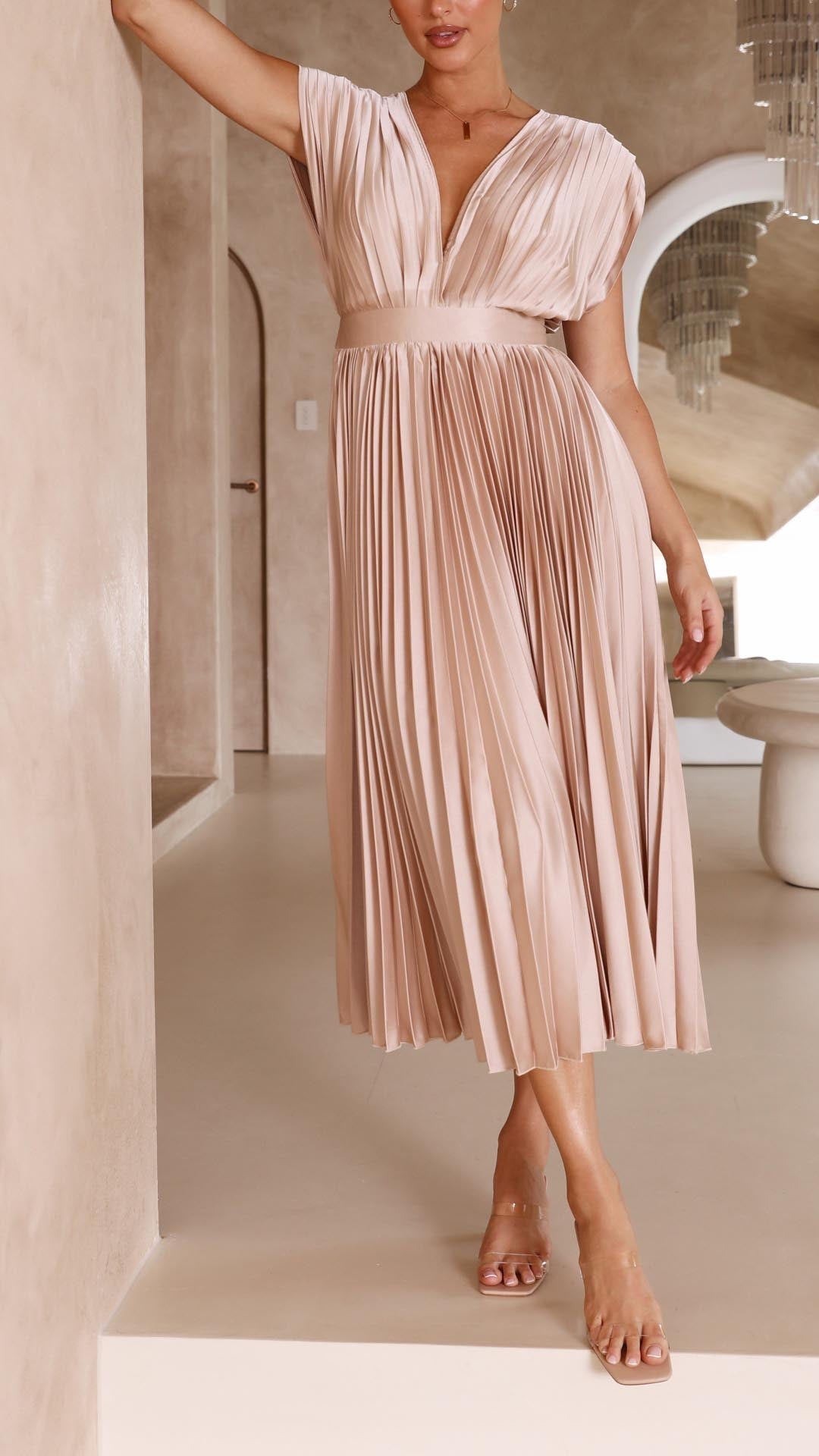 Women's Wedding Guest Midi Dress V-Neck Cap Sleeve Pleated