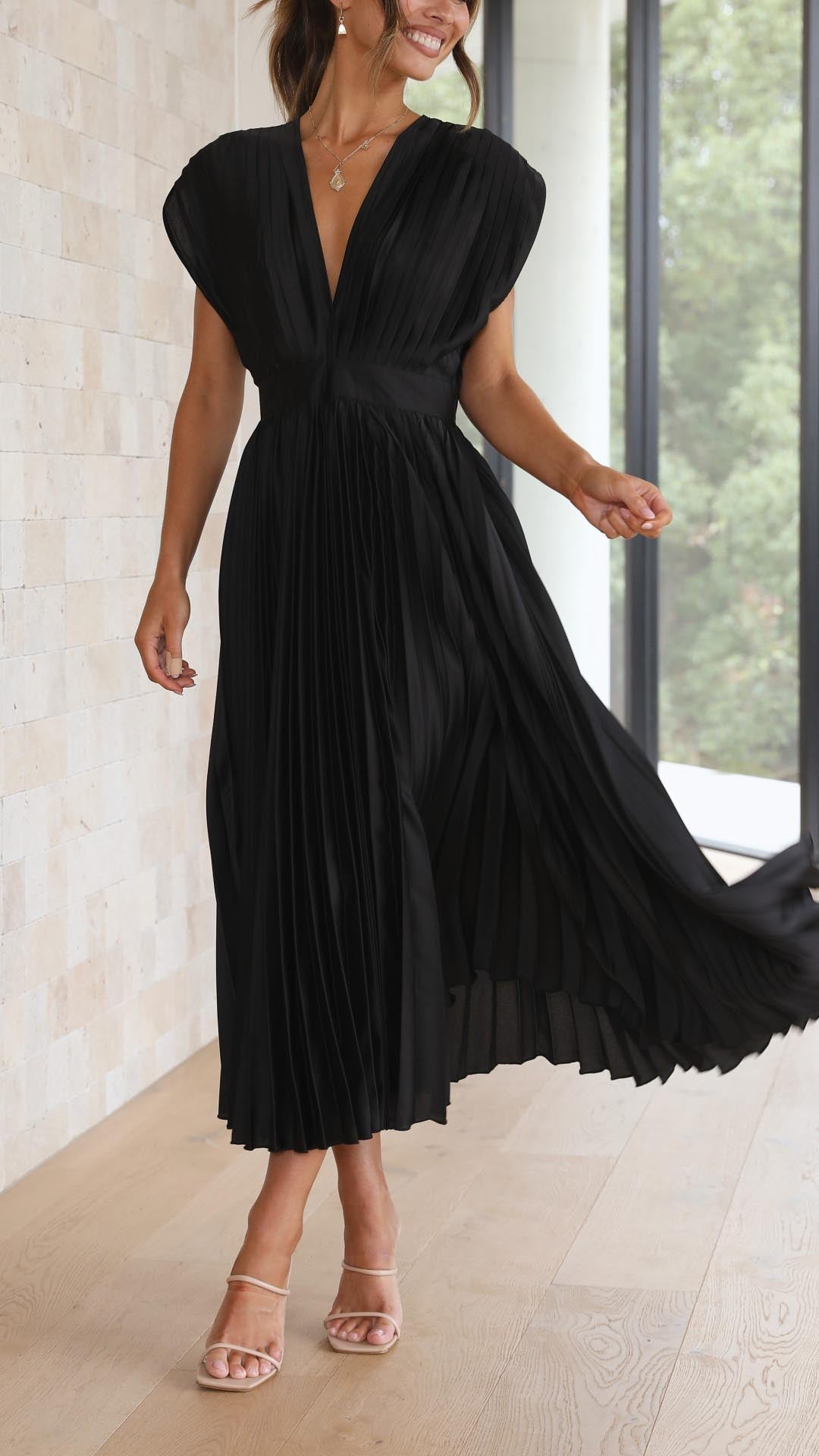 Women's Wedding Guest Midi Dress V-Neck Cap Sleeve Pleated