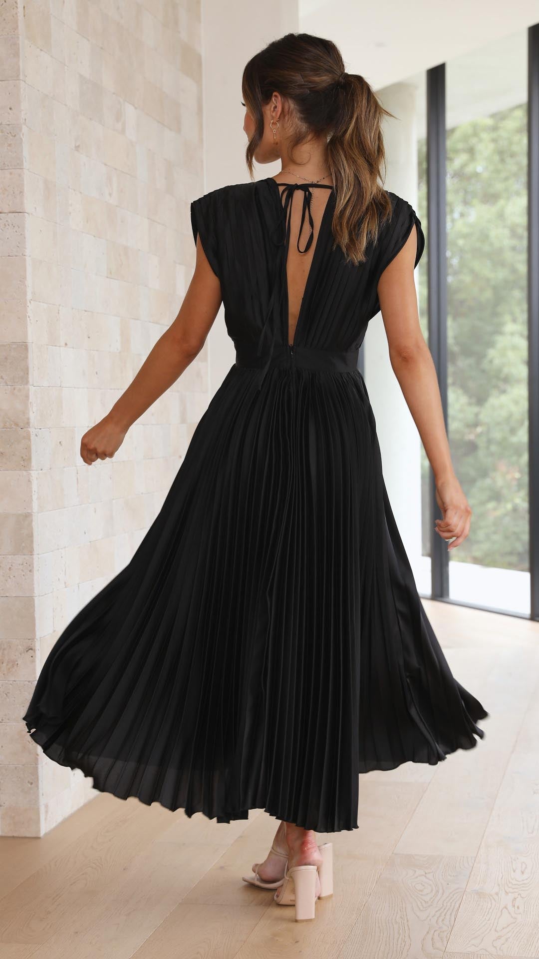 Women's Wedding Guest Midi Dress V-Neck Cap Sleeve Pleated