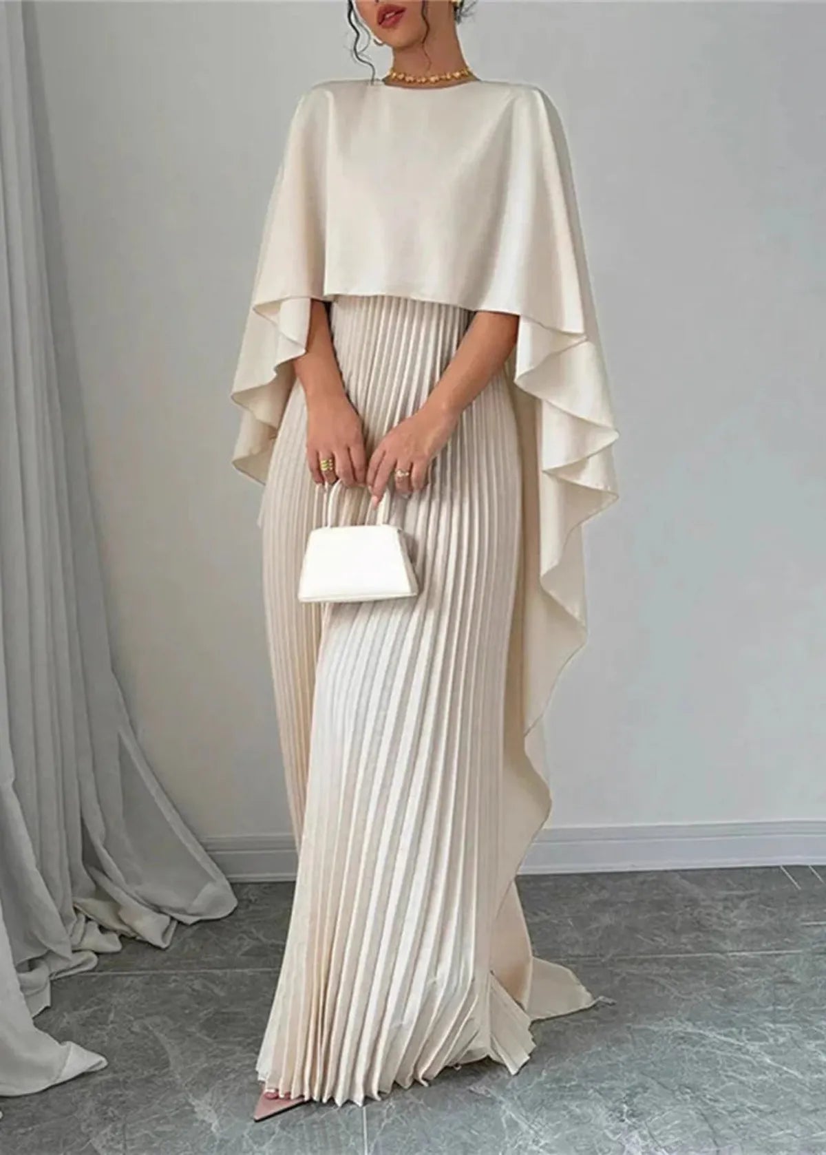 Women's Wedding Guest Pleated Maxi Dress Cape Overlay and High Neck