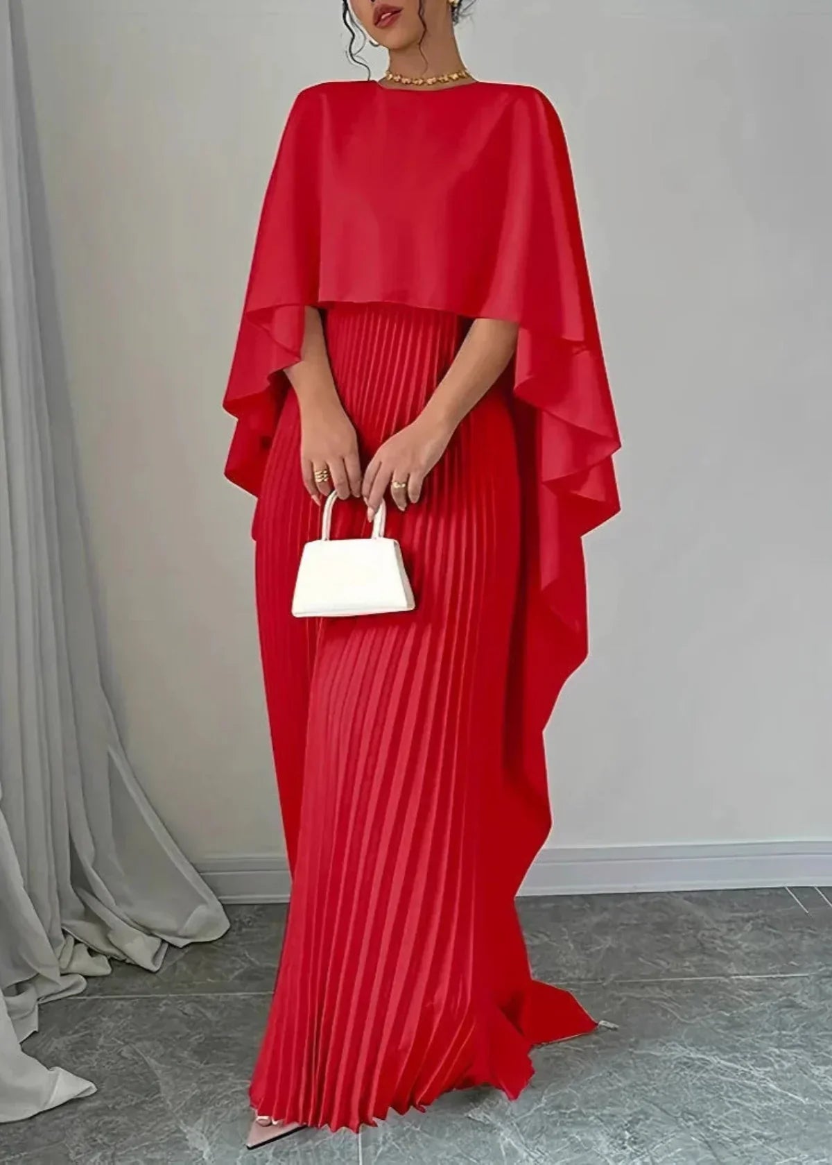 Women's Wedding Guest Pleated Maxi Dress Cape Overlay and High Neck