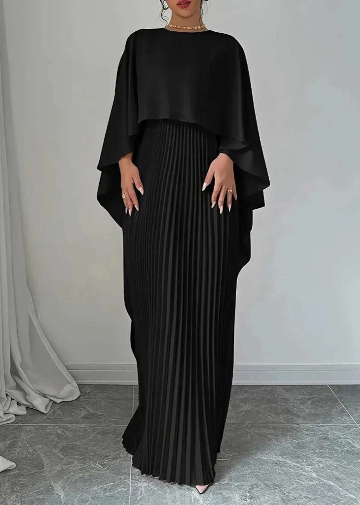 Women's Wedding Guest Pleated Maxi Dress Cape Overlay and High Neck