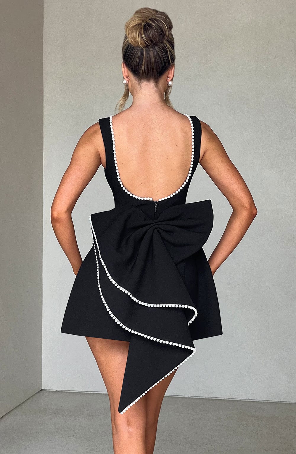 Women's Wedding Guest Structured Mini Dress Oversized Back Bow and Pearl Trim