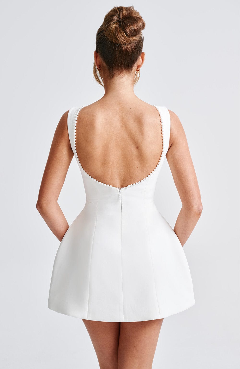 Women's Wedding Guest Structured Mini Dress Oversized Back Bow and Pearl Trim