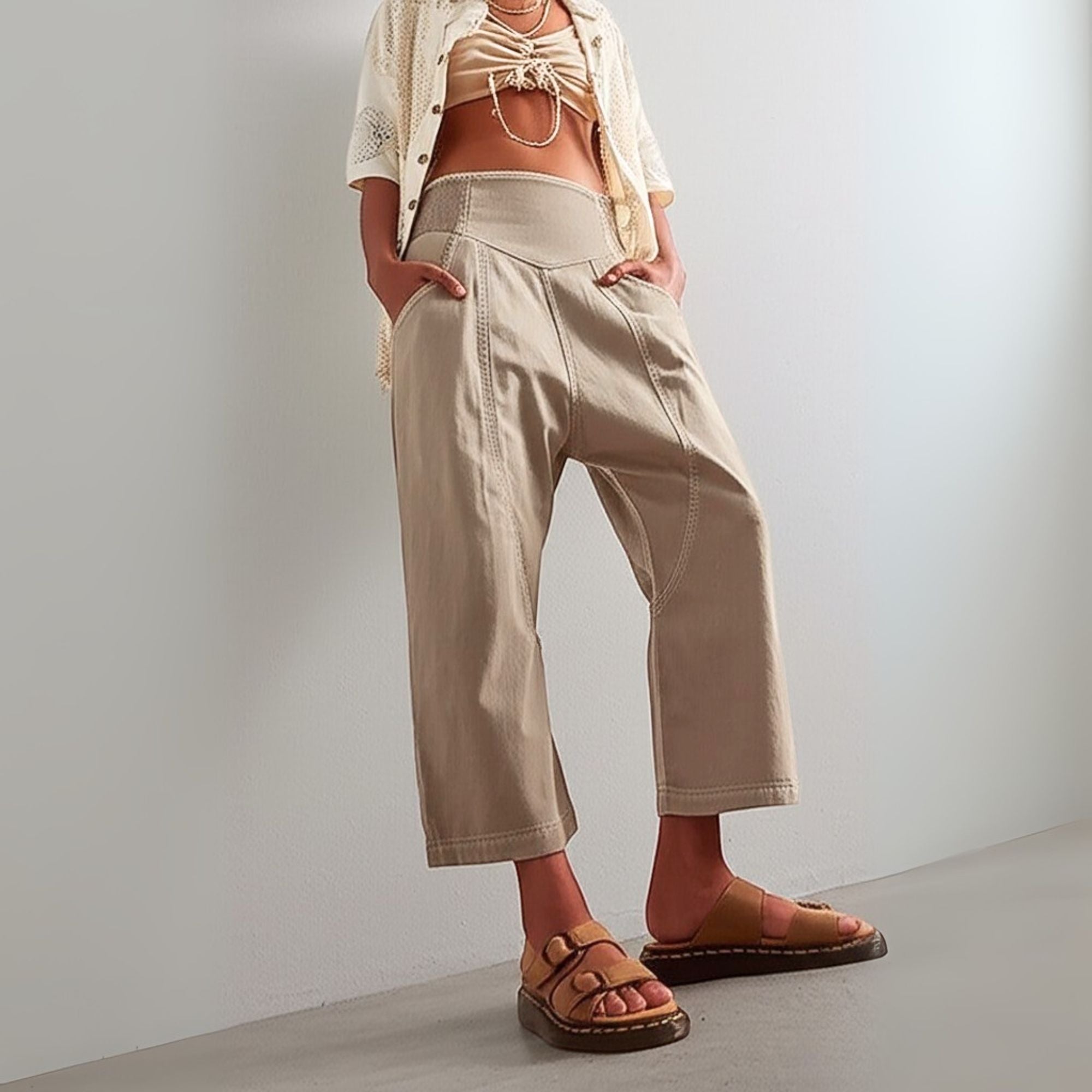 Women's Wide Leg Trousers Smocked Waist and Seam Detailing