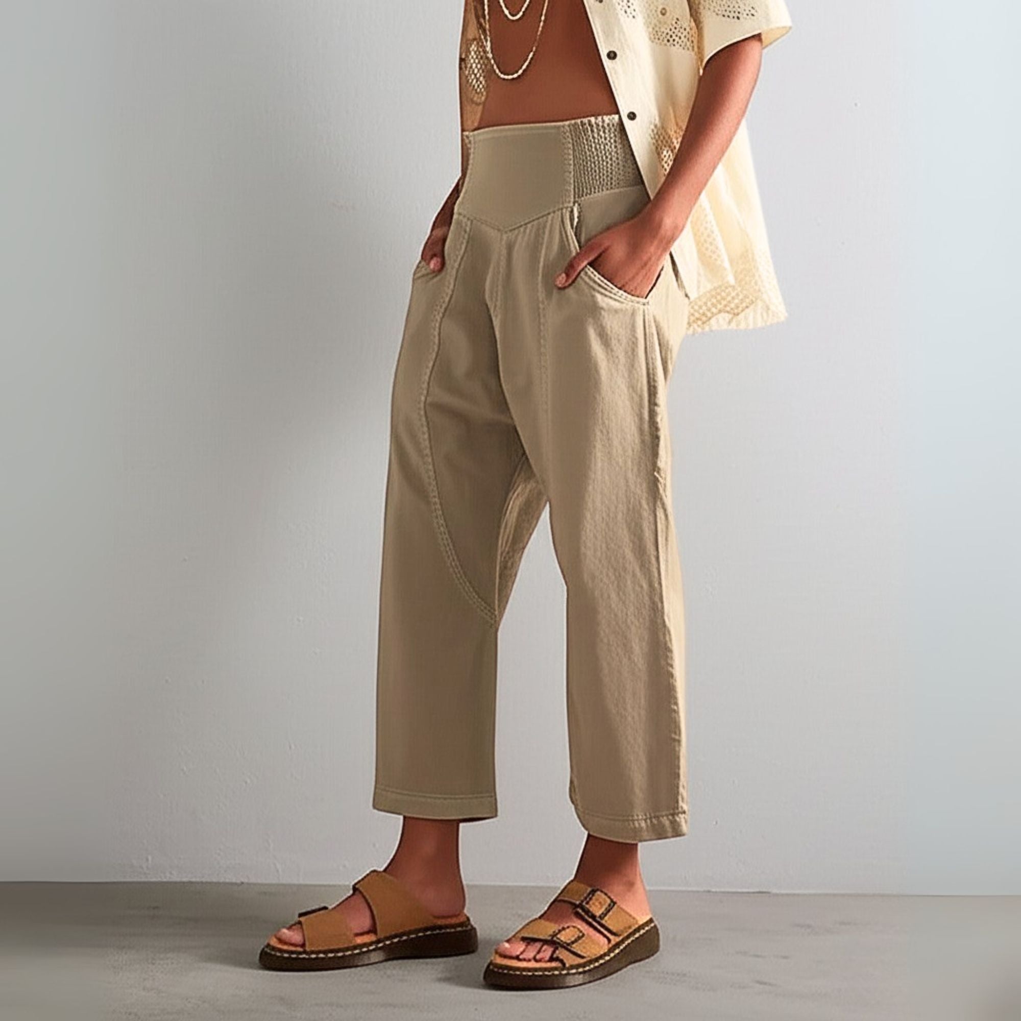 Women's Wide Leg Trousers Smocked Waist and Seam Detailing
