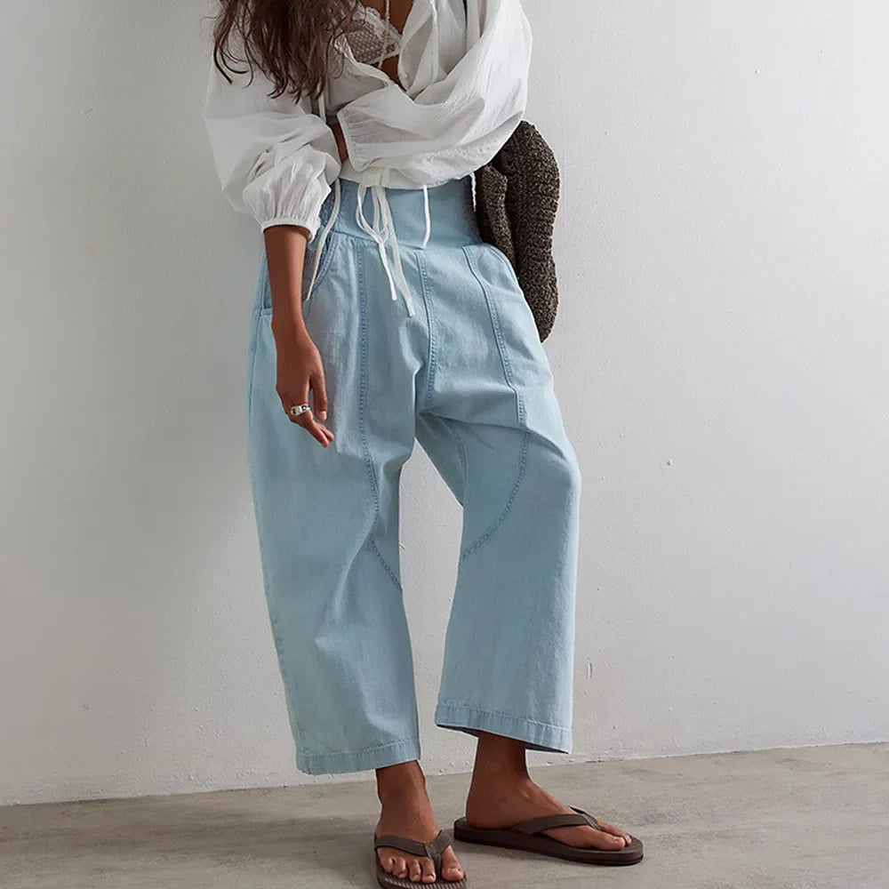 Women's Wide Leg Trousers Smocked Waist and Seam Detailing