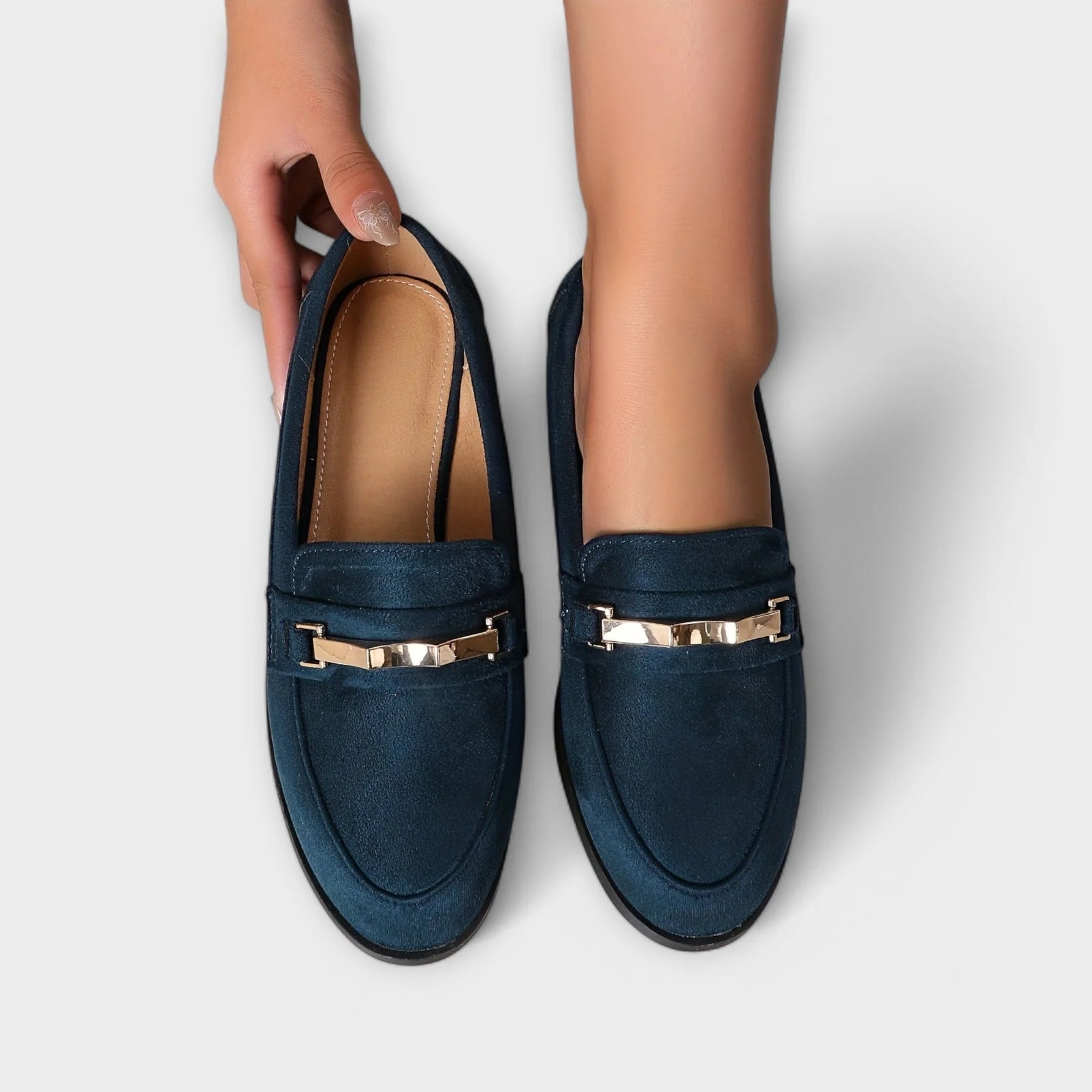 Women's Orthopedic Loafer Flats with Gold Buckle and Pointed Toe
