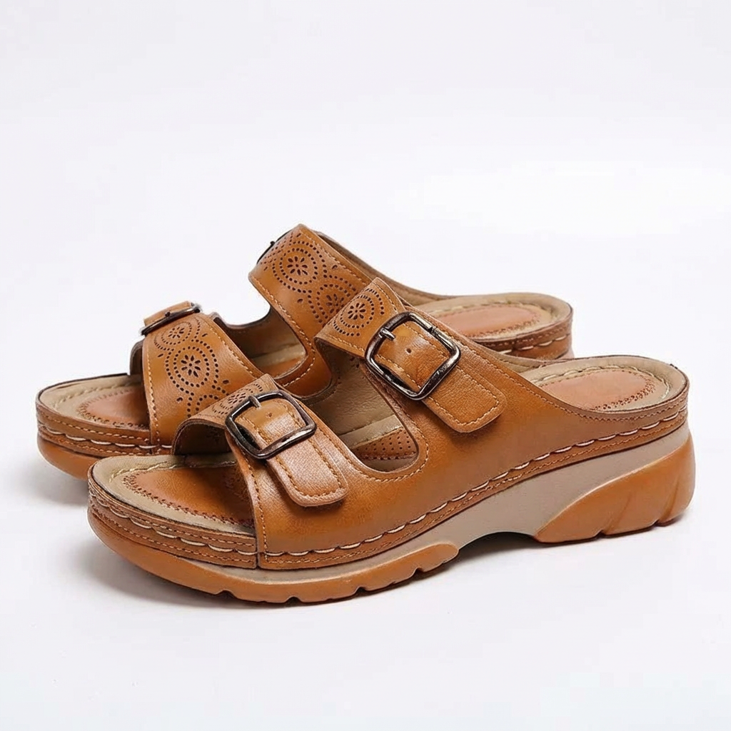 Women's Leather Slide Sandals with Adjustable Buckles for Summer