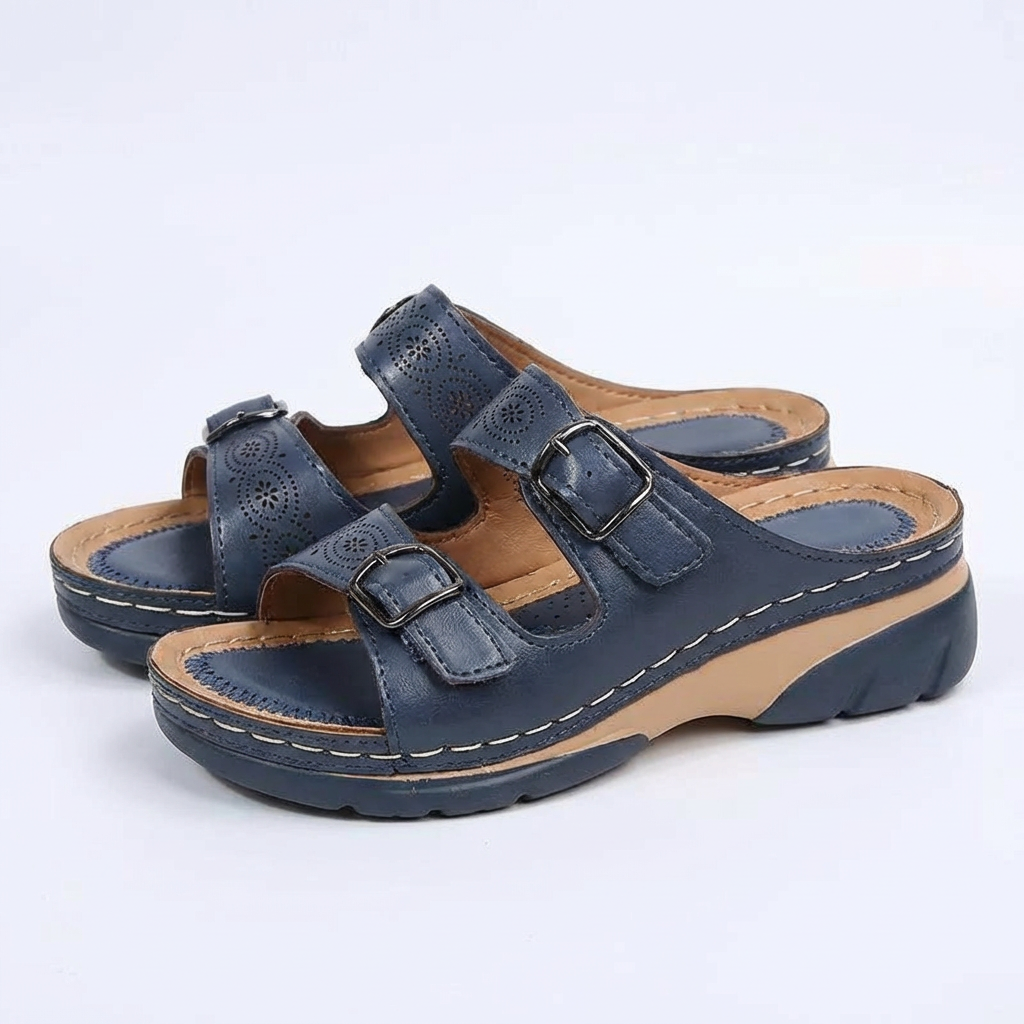 Women's Leather Slide Sandals with Adjustable Buckles for Summer