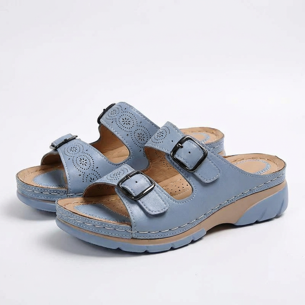 Women's Leather Slide Sandals with Adjustable Buckles for Summer