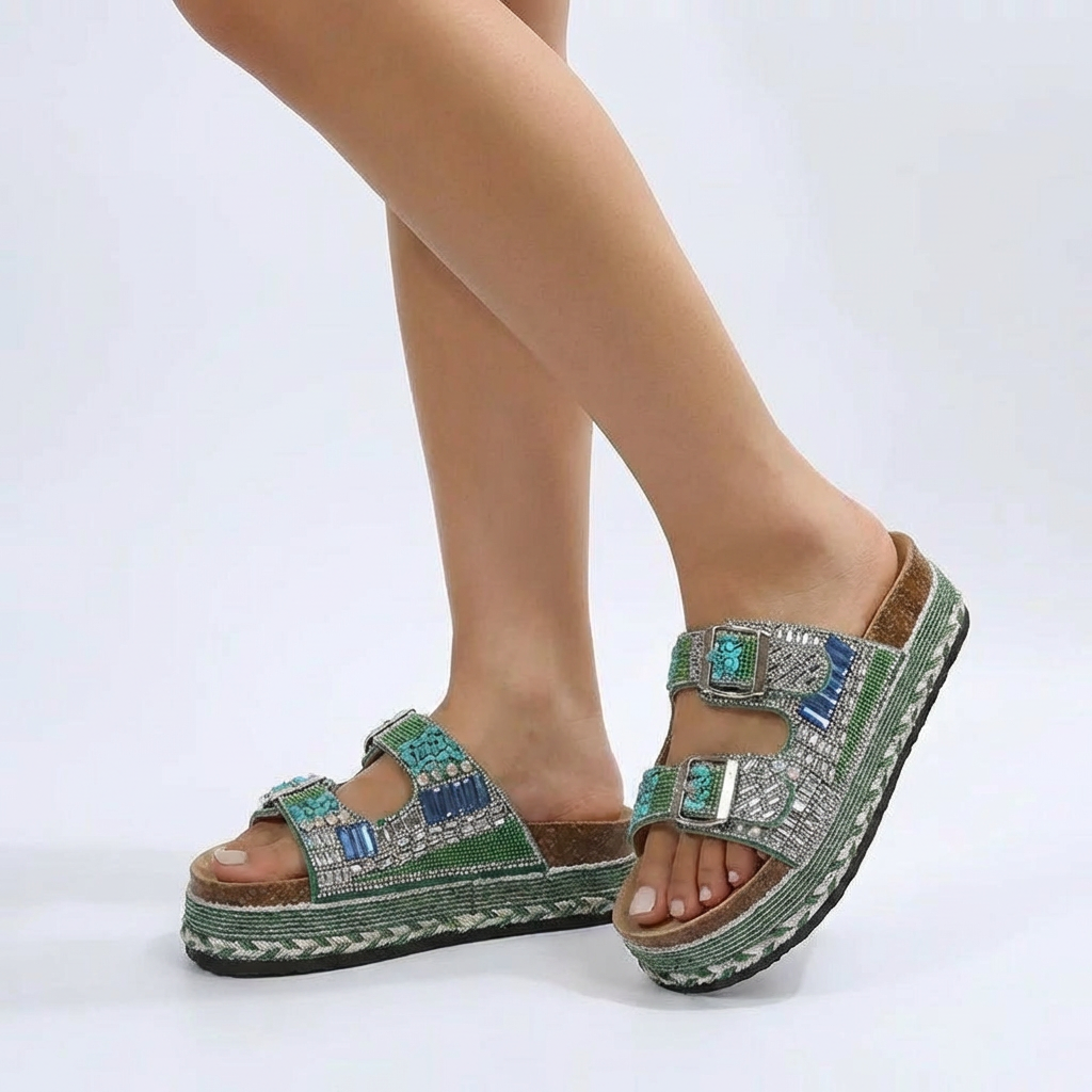 Women's Rhinestone Slip-On Sandals with Summer Design