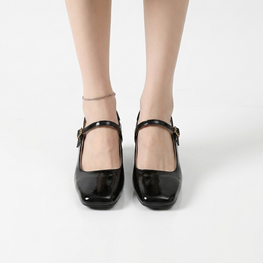 Women's Mary Jane Block Heels with Square Toe and Ankle Strap