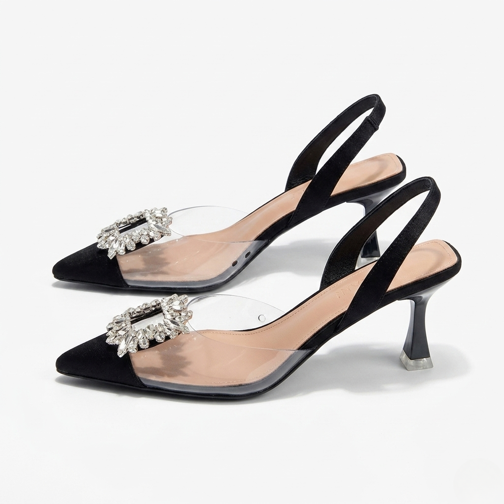 Women's Slingback Heeled Pumps with Rhinestone Buckle and Pointed Toe